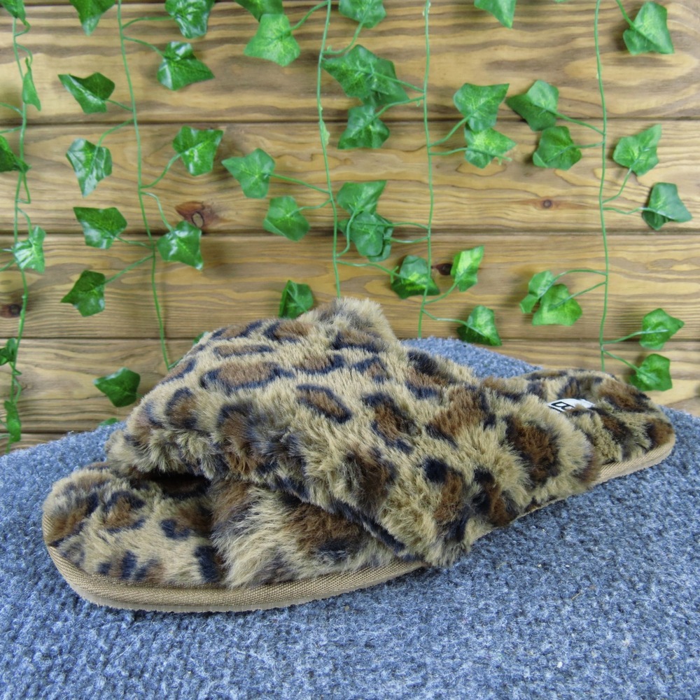 BP. Women's XL (12–13) Leopard Faux Fur Crossband Slippers Cozy Indoor Slides